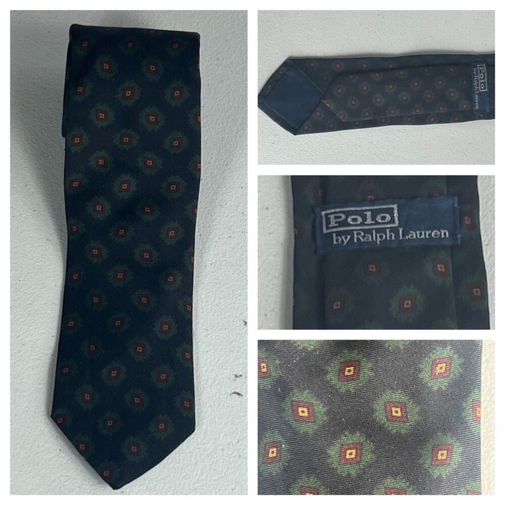 Polo by Ralph Lauren Men's Green Floral Design Silk Tie Handmade In Italy